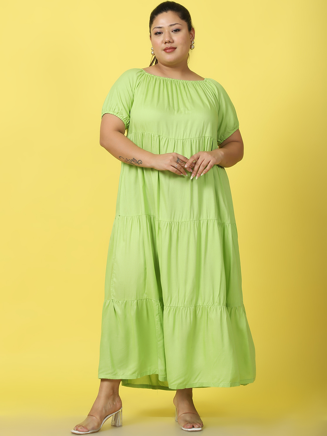 Women's Plus Size Green solid color A-Line Maxi dress