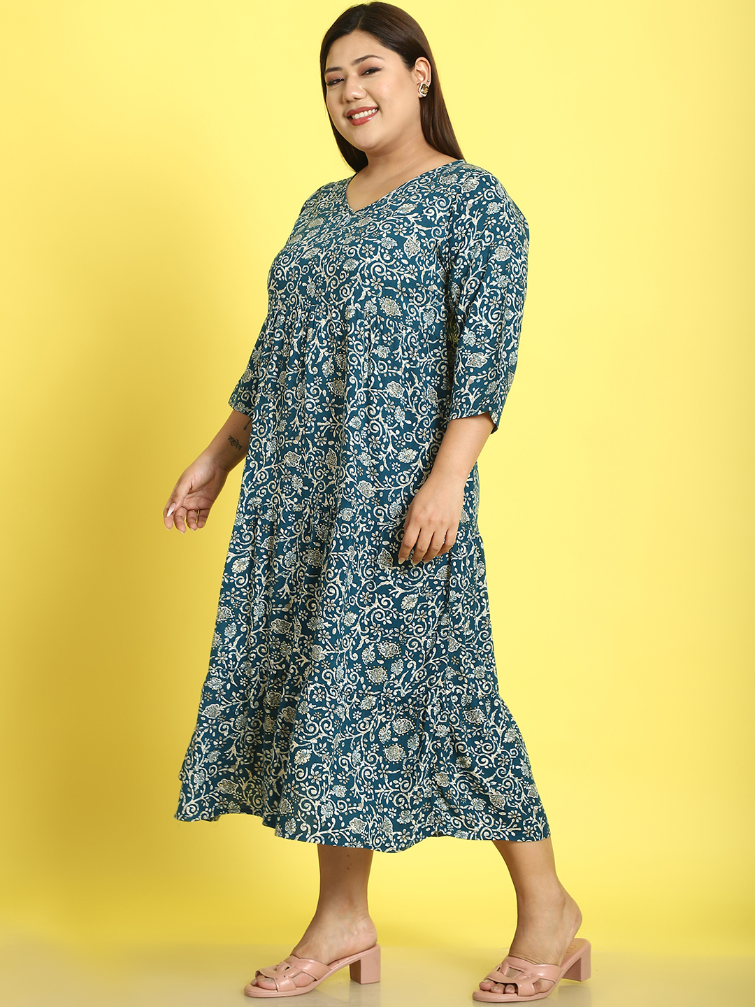 Women's Plus Size Teal Batik floral printed A-Line Midi dress