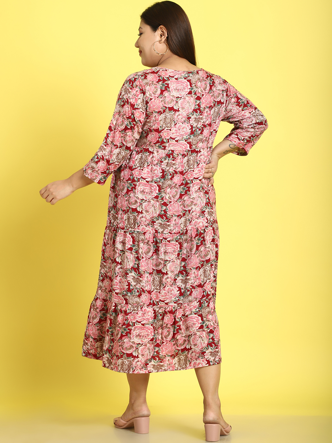 Women's Plus Size Maroon Rose Floral Printed A-Line Midi dress