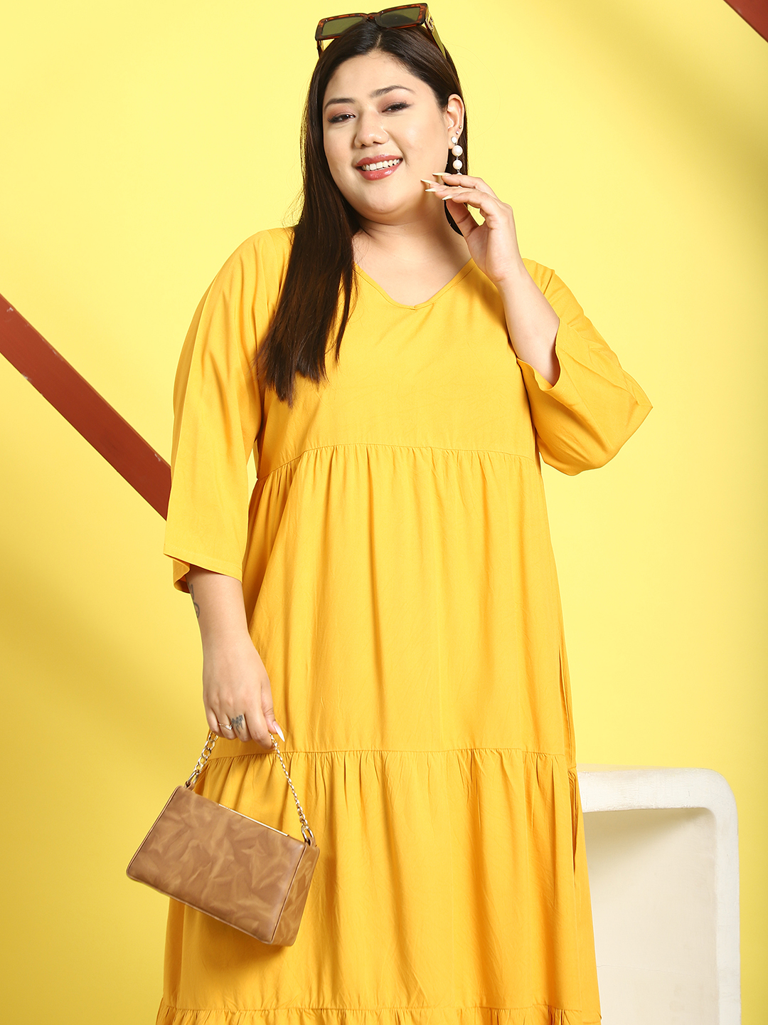 Women's Plus Size Yellow Solid Color A-Line Midi dress
