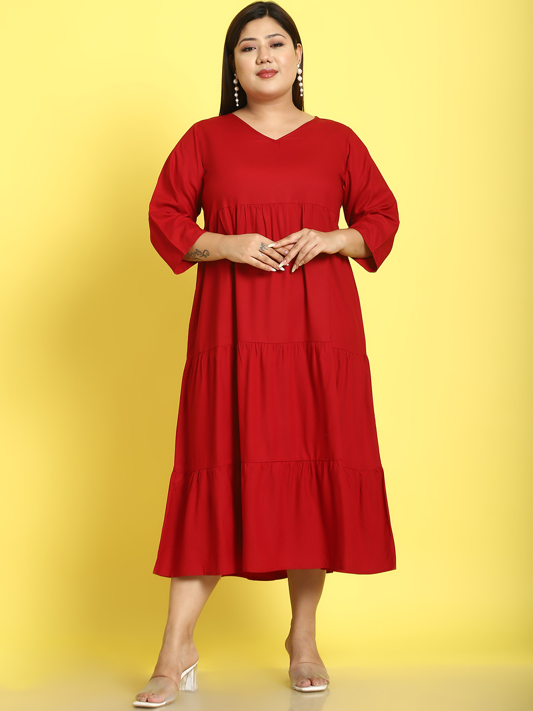Women's Plus Size Maroon Solid Color A-Line Midi dress