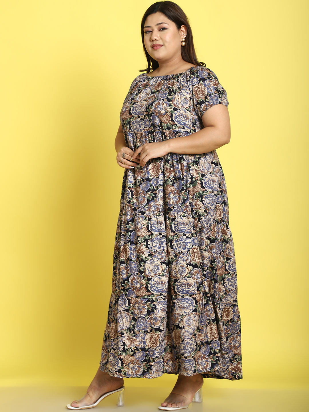 Women's Plus Size Navy rose Floral printed A-Line Maxi dress