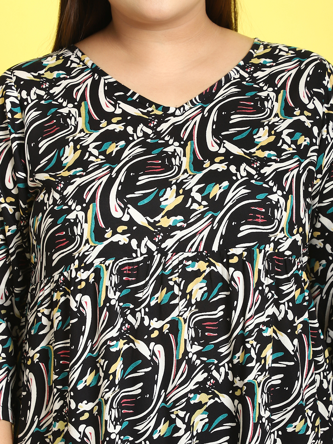 Women's Plus Size Black Abstract floral printed A-Line Midi dress