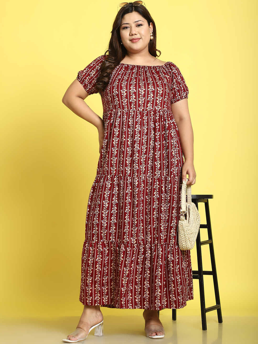 Women's Plus Size Maroon gold floral printed A-Line Maxi dress
