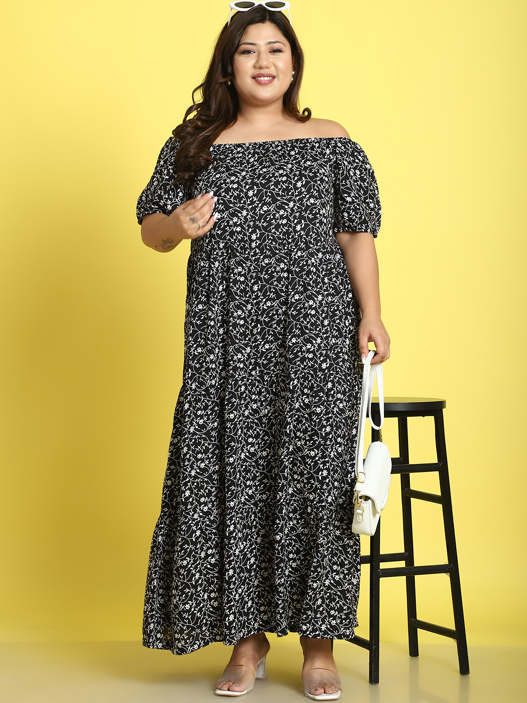 Women's Plus Size Black small floral printed A-Line Maxi dress