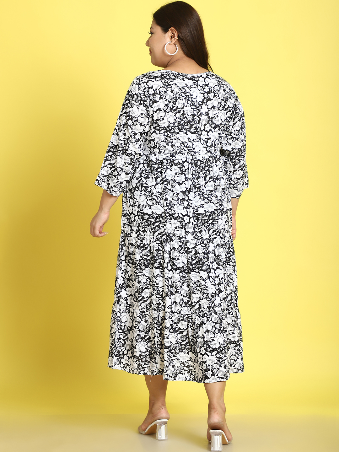 Women's Plus Size Black & White Floral printed A-Line Midi dress