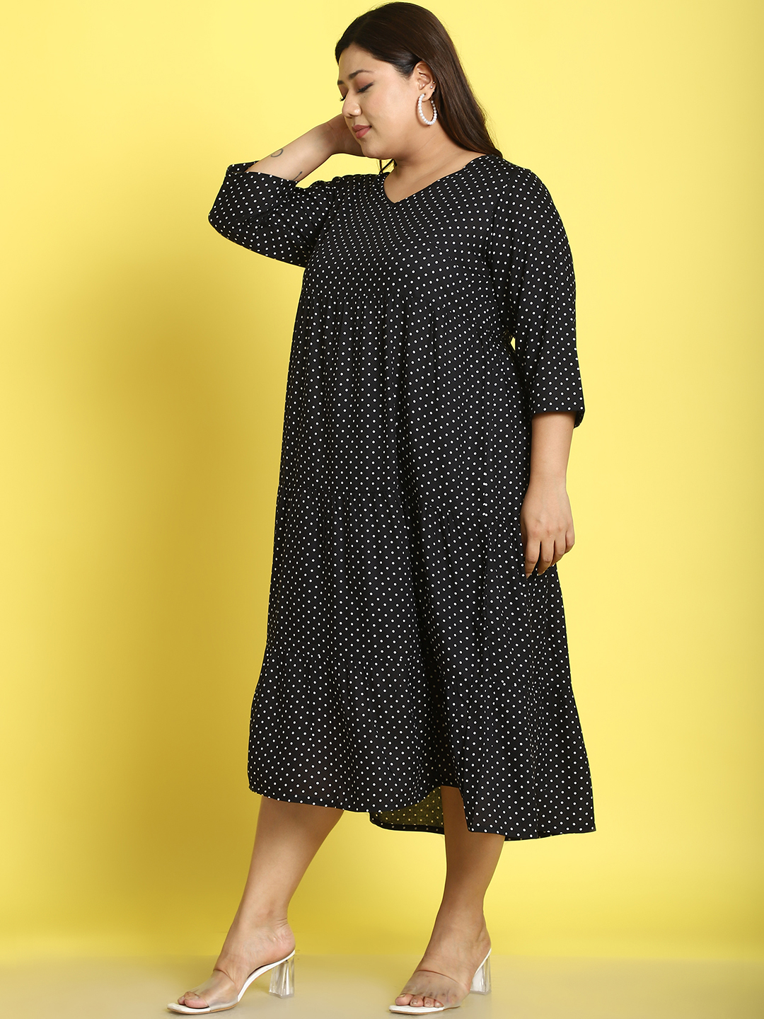 Women's Plus Size Black Polka Dot printed A-Line Midi dress