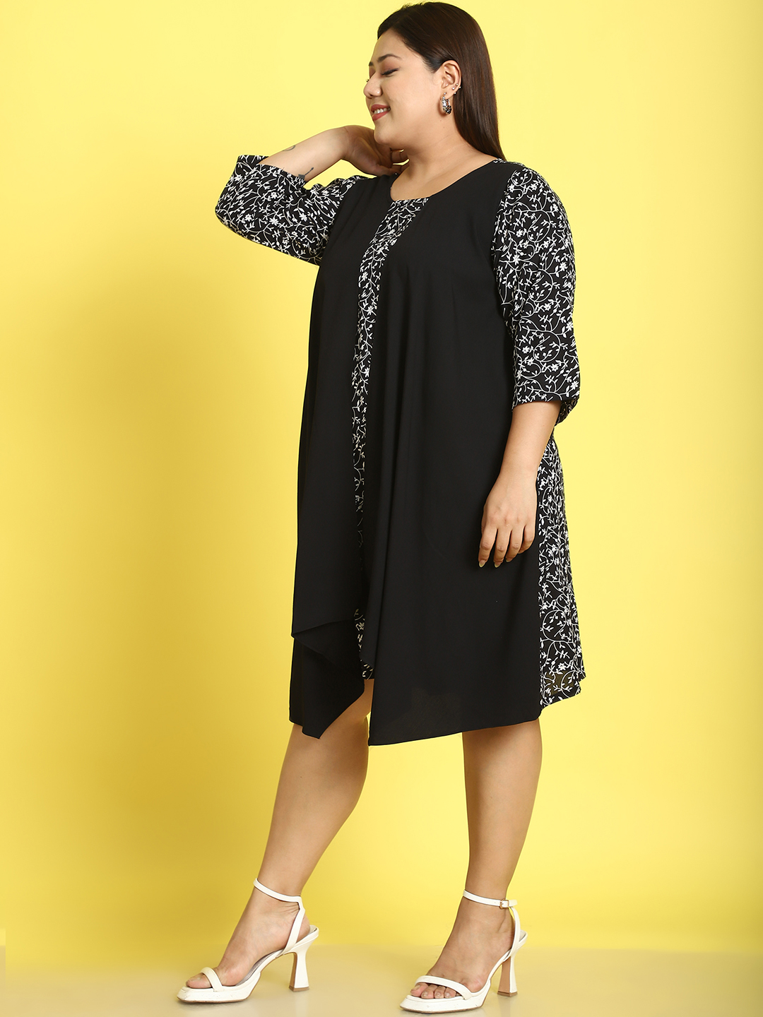 Women's Plus Size Black small floral printed dress with attached black solid color mock layered jacket