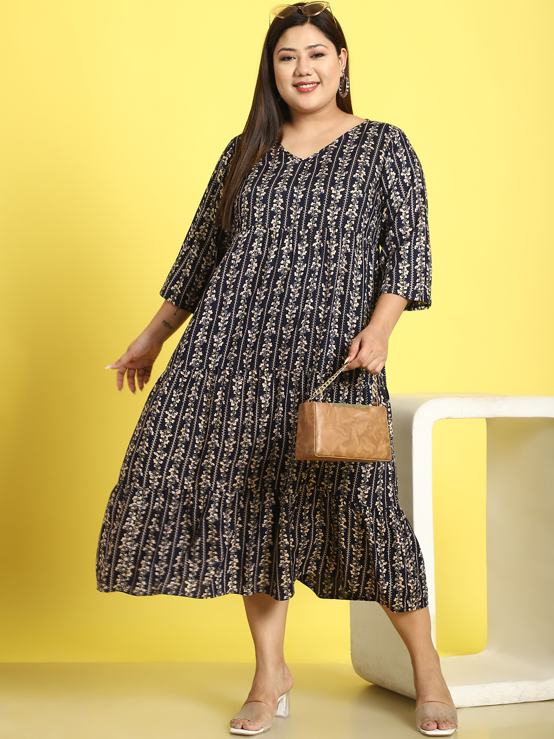 Women's Plus Size Navy Gold Foil Printed A-Line Midi dress