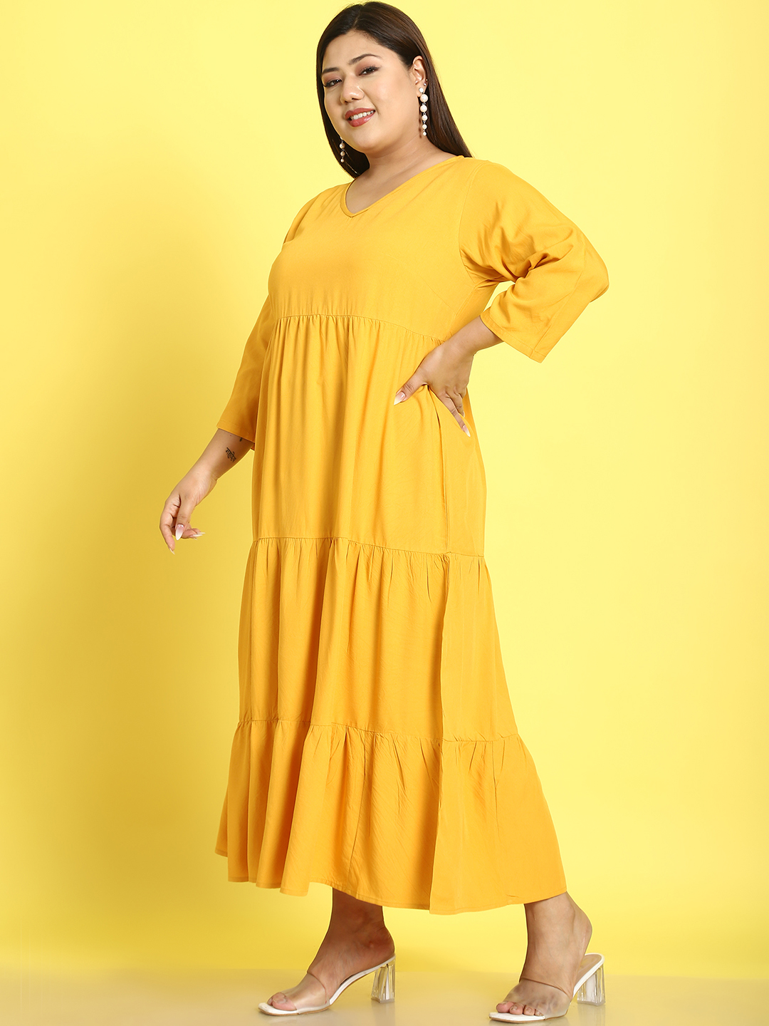 Women's Plus Size Yellow Solid Color A-Line Midi dress