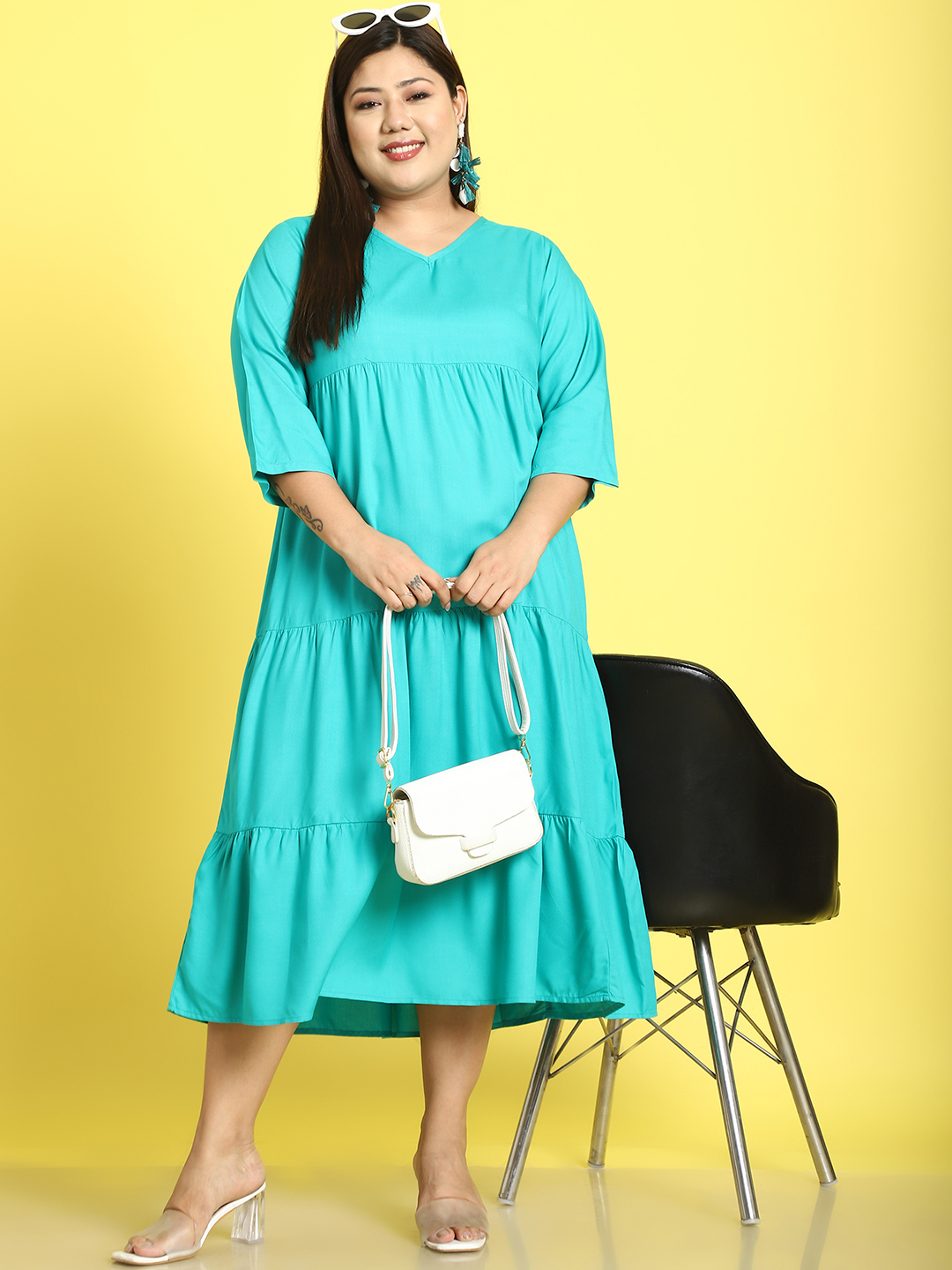 Women's Plus Size Teal Solid Color A-Line Midi dress