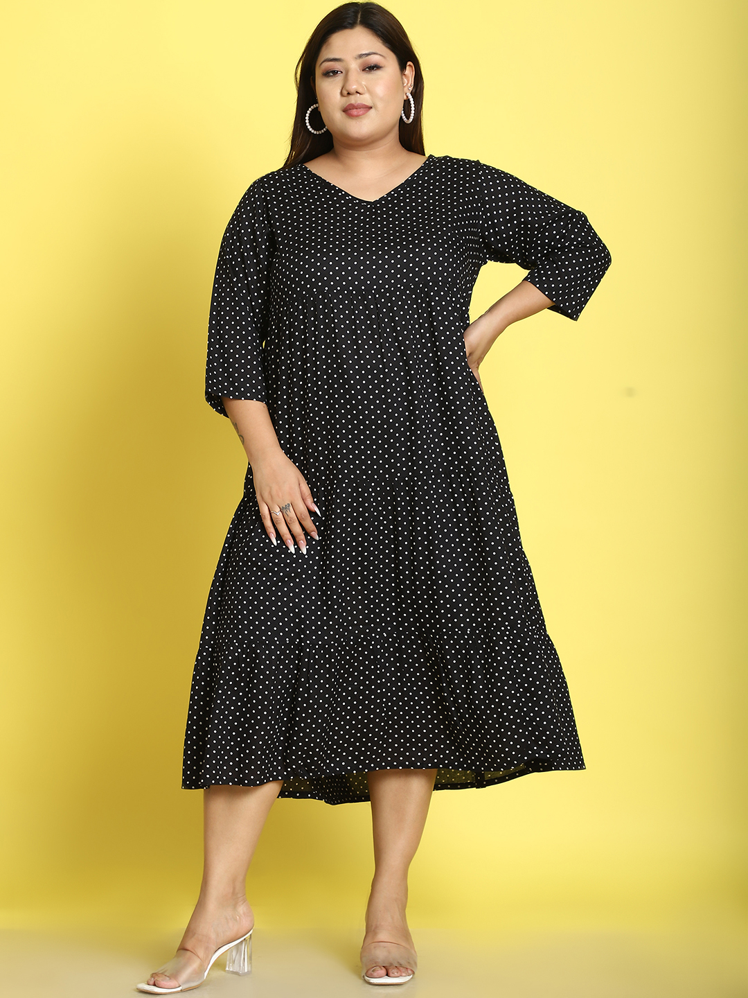 Women's Plus Size Black Polka Dot printed A-Line Midi dress