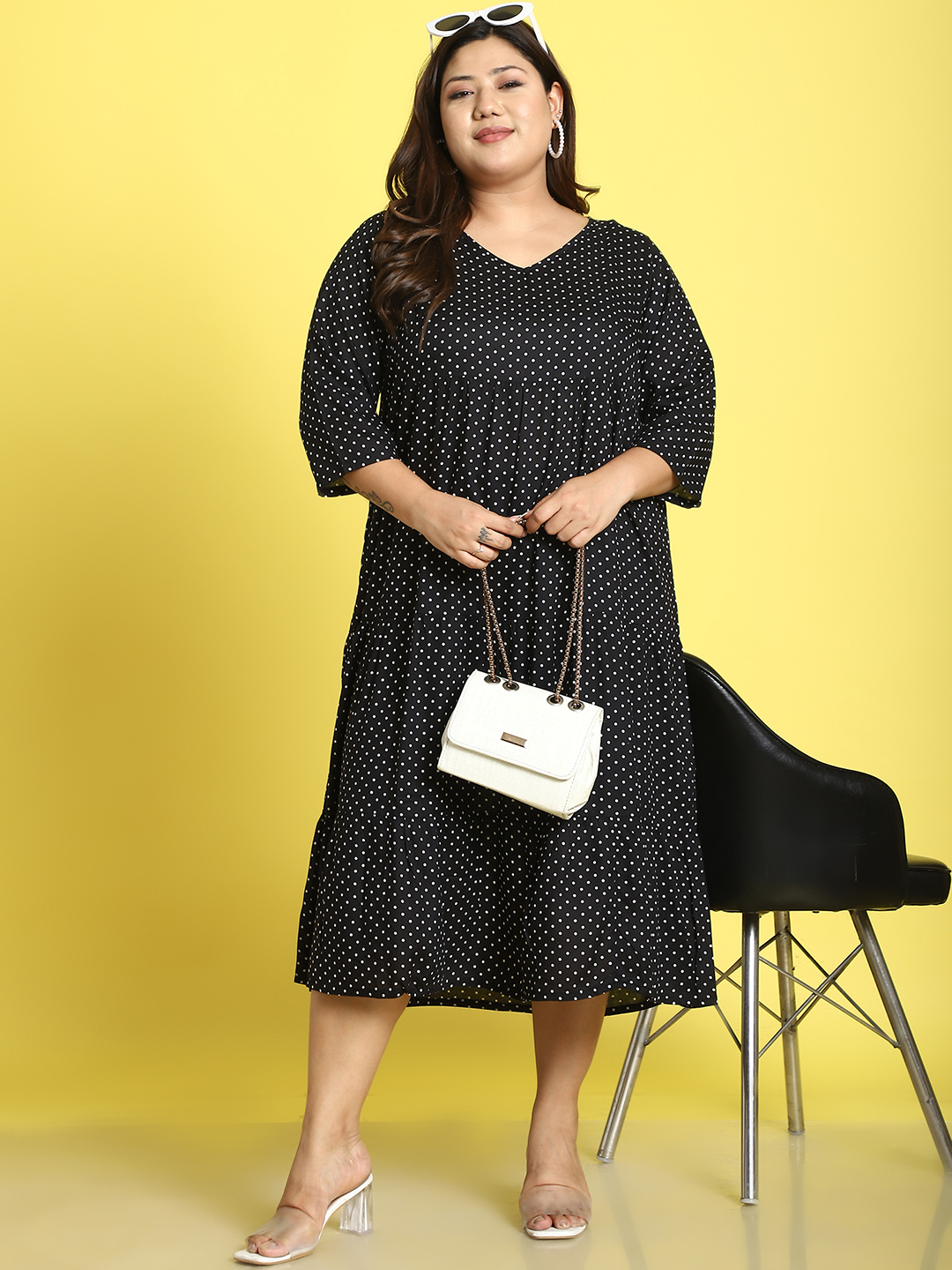 Women's Plus Size Black Polka Dot printed A-Line Midi dress