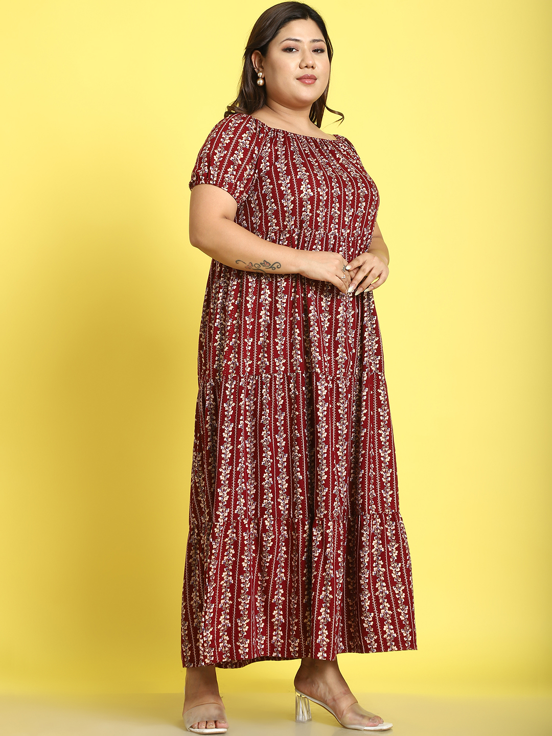 Women's Plus Size Maroon gold floral printed A-Line Maxi dress