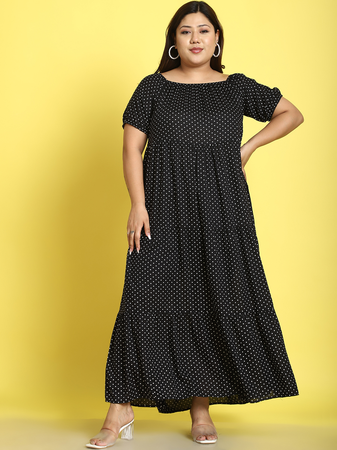Women's Plus Size Black polka dot printed A-Line Maxi dress