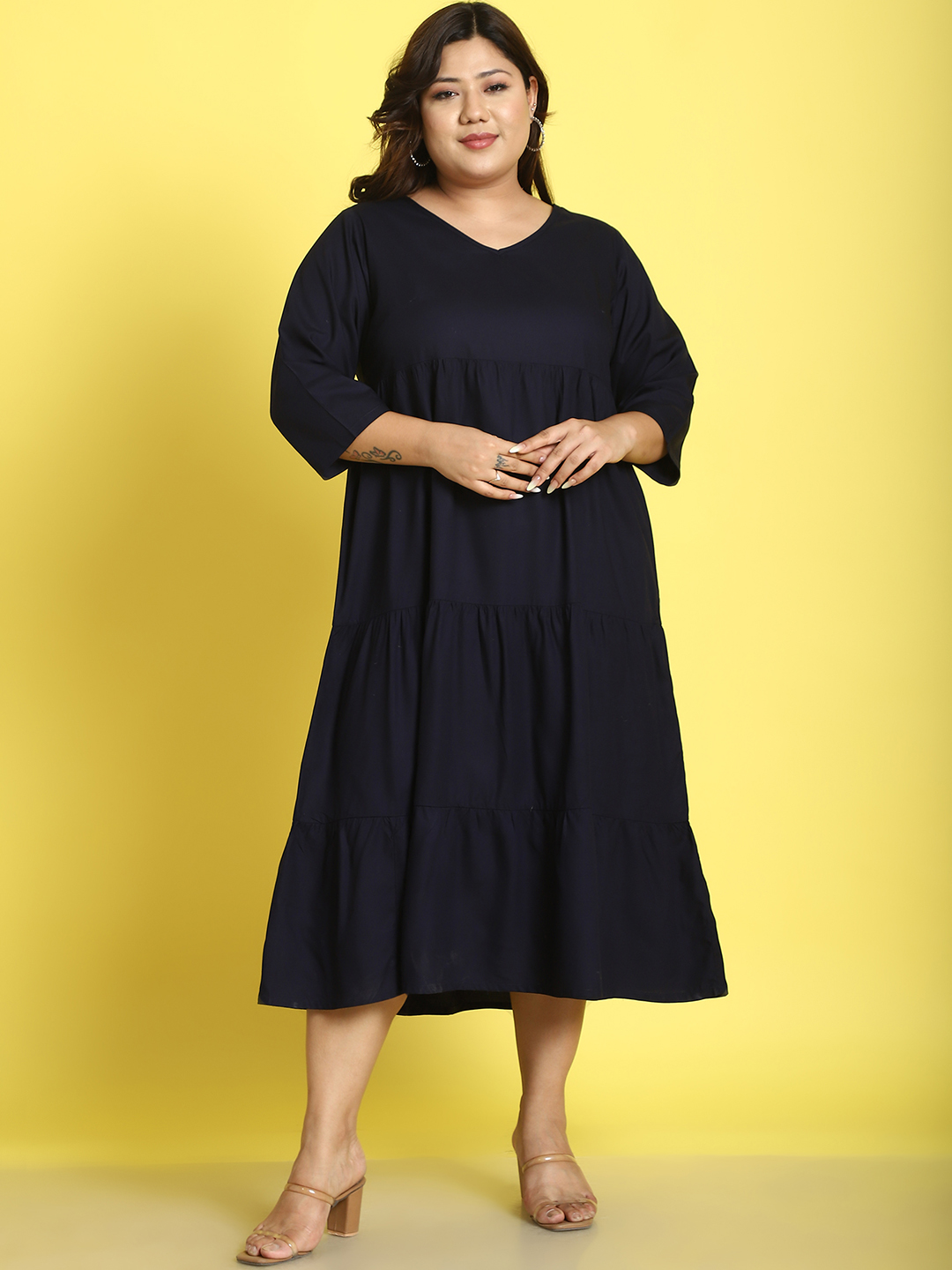 Women's Plus Size Navy Blue Solid Color A-Line Midi dress
