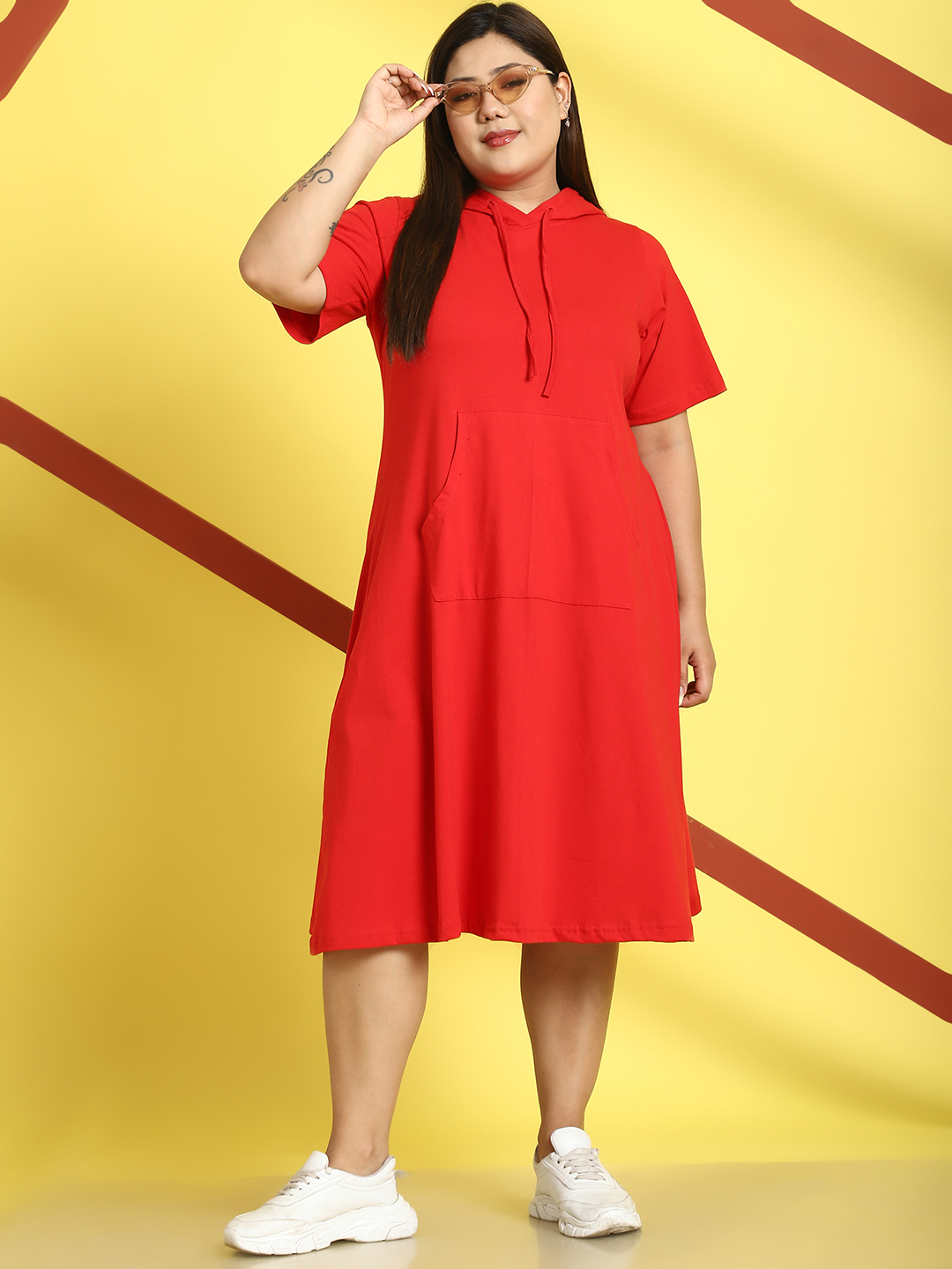 Women's Plus Size Red Solid Color Cotton Knitted A-Line Dress