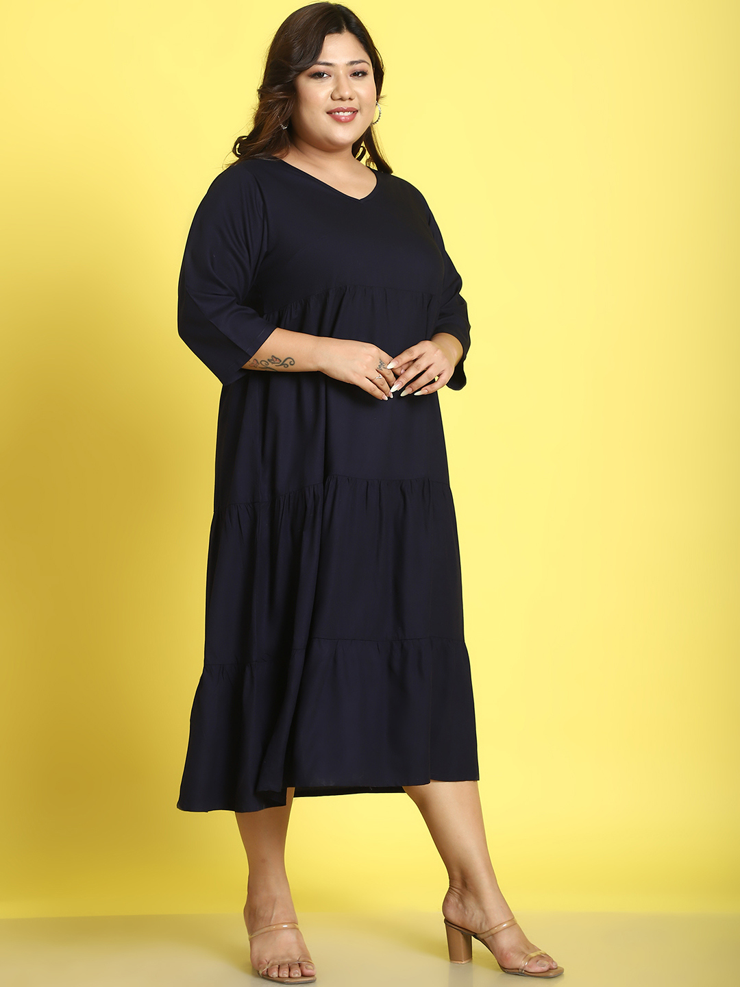 Women's Plus Size Navy Blue Solid Color A-Line Midi dress