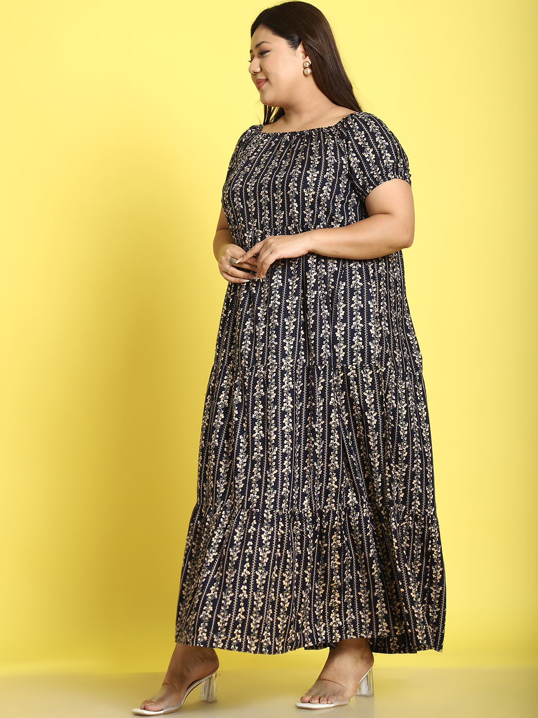 Women's Plus Size Navy Gold Floral printed A-Line Maxi dress
