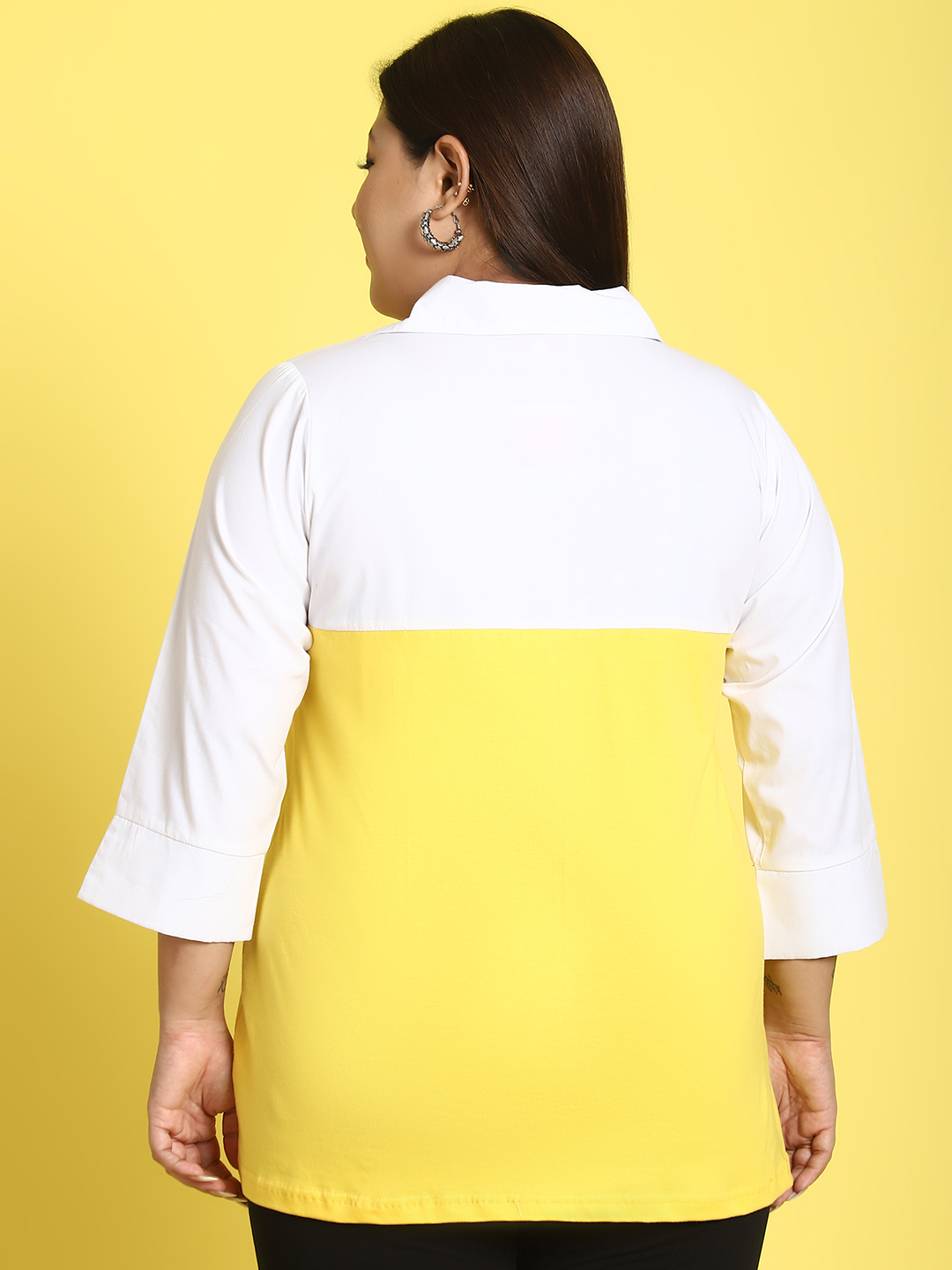 Women's Plus Size Yellow & White Color Block Shirt Collar Top
