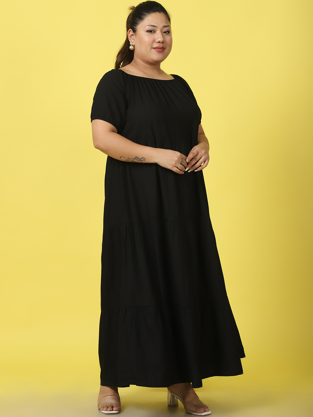 Women's Plus Size Black solid color A-Line Maxi dress
