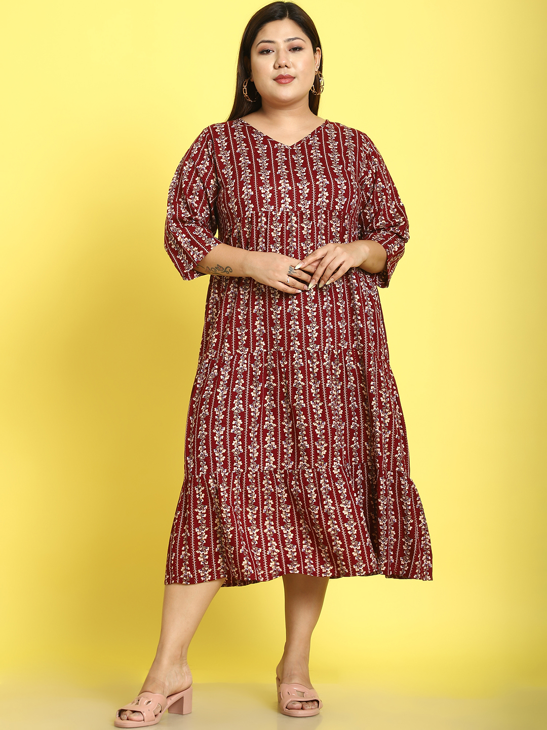 Women's Plus Size Maroon Gold Foil Printed A-Line Midi dress