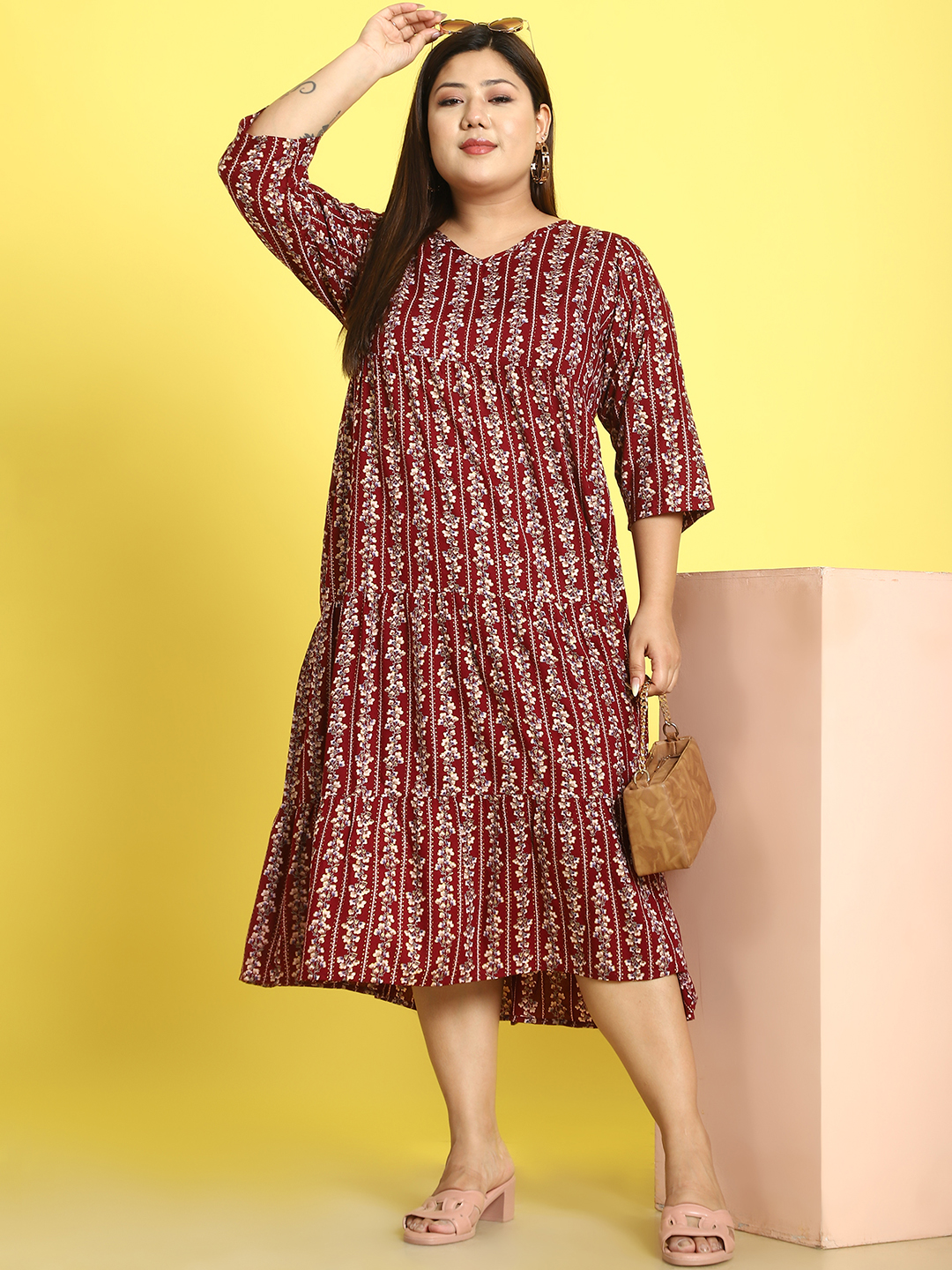 Women's Plus Size Maroon Gold Foil Printed A-Line Midi dress