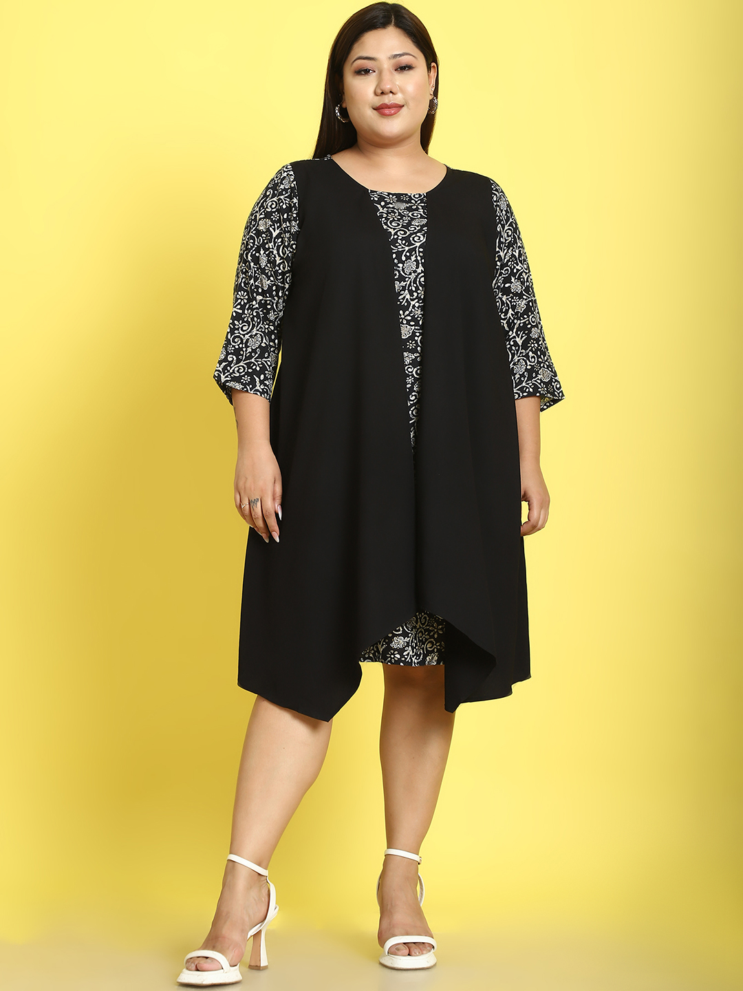 Women's Plus Size Black batik floral printed dress with attached solid color mock layered jacket