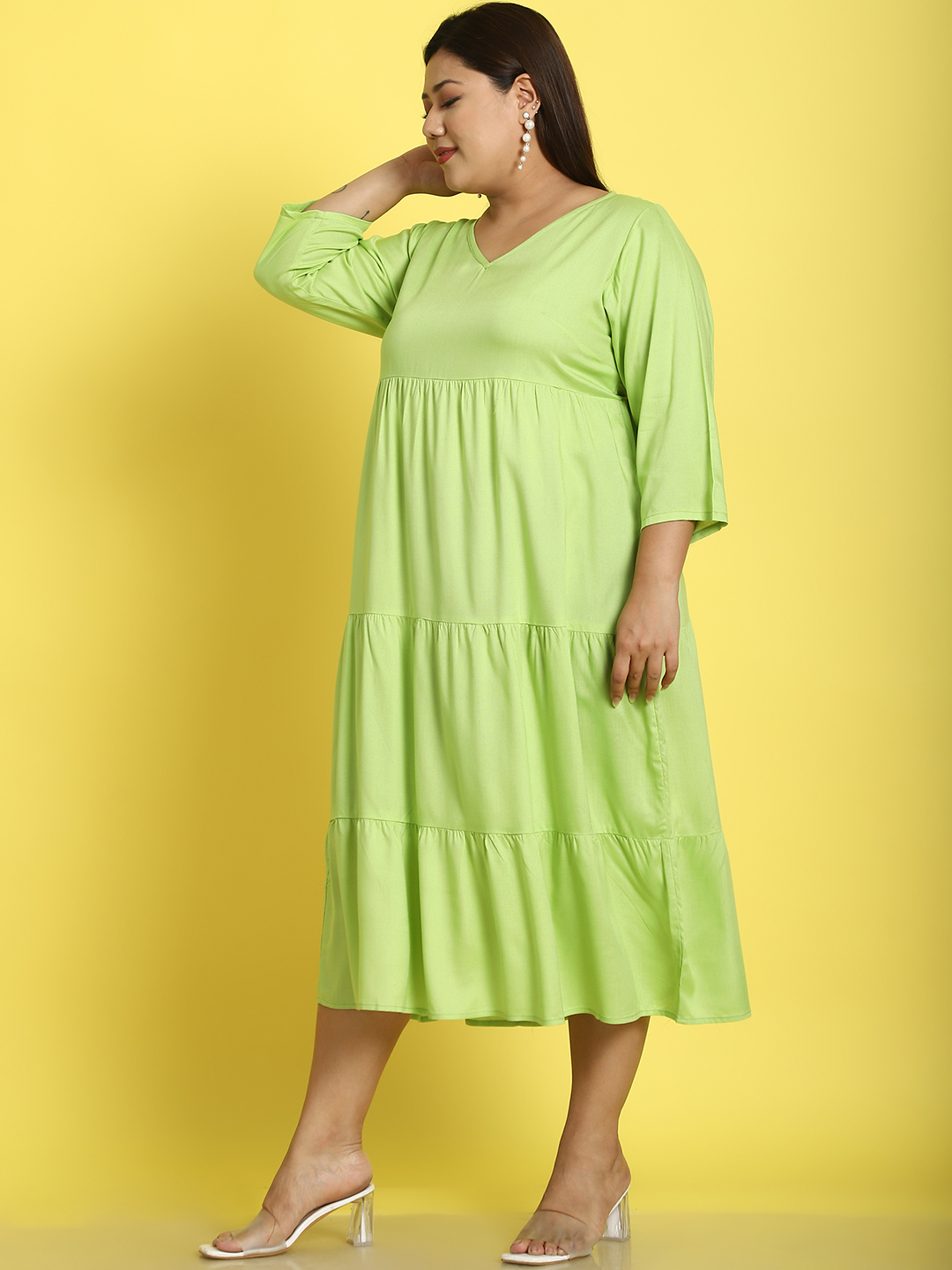 Women's Plus Size Green Solid Color A-Line Midi dress