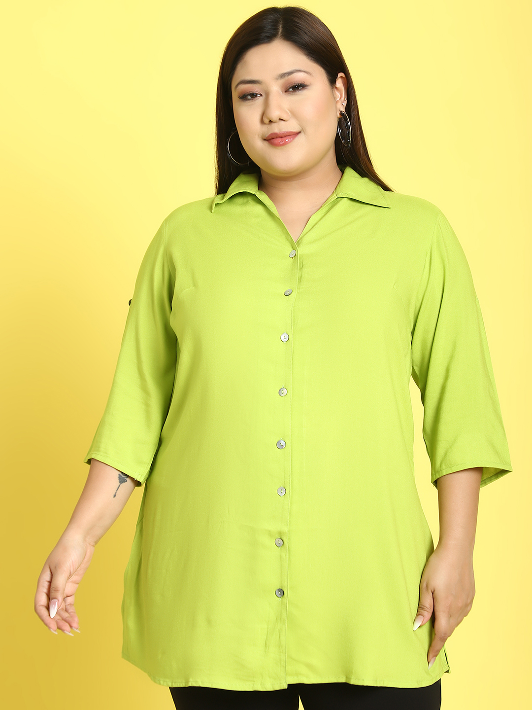 Women's Plus Size Green Solid Color woven casual shirt