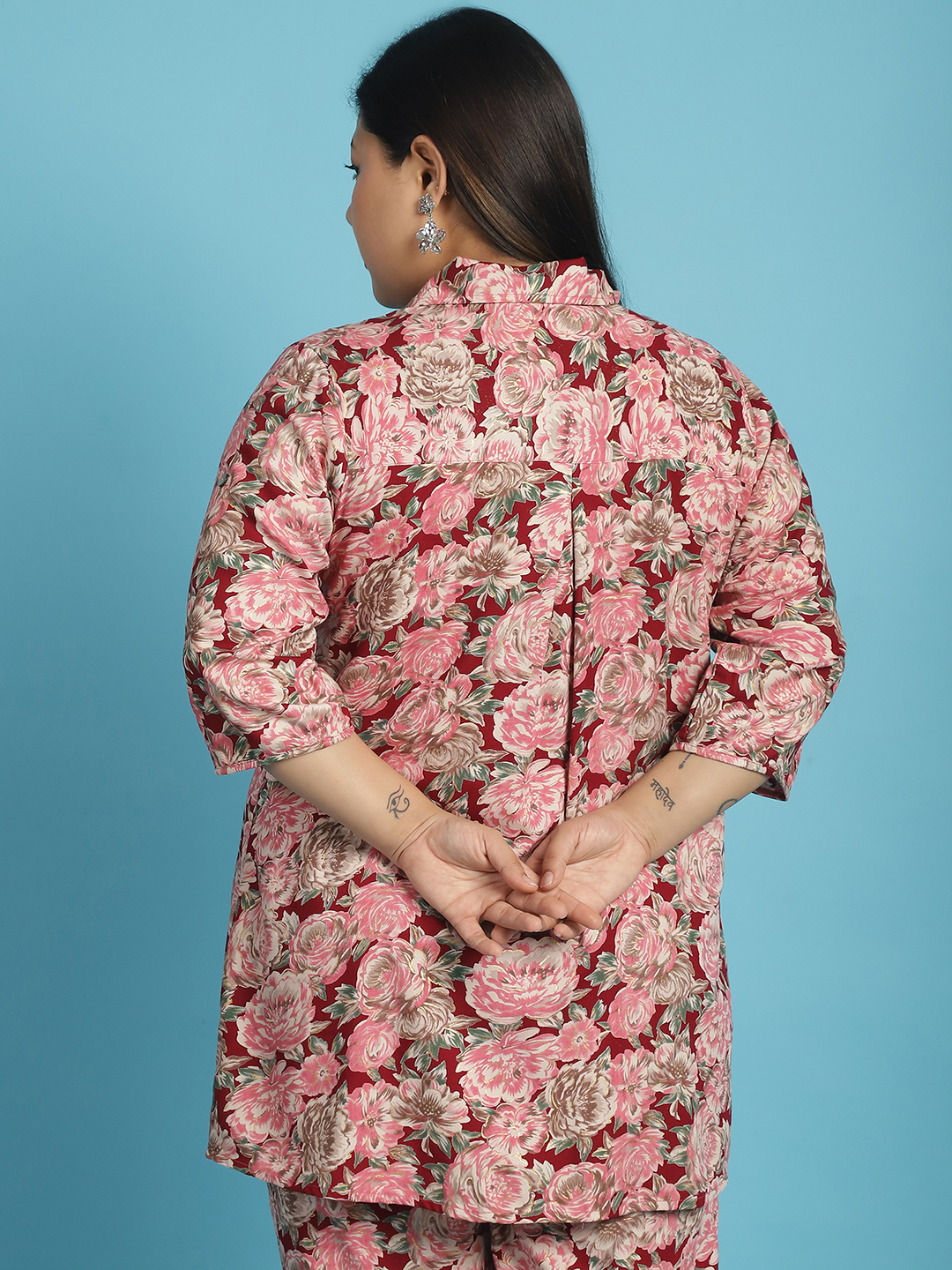 Women's Plus Size Maroon Rose floral printed casual shirt