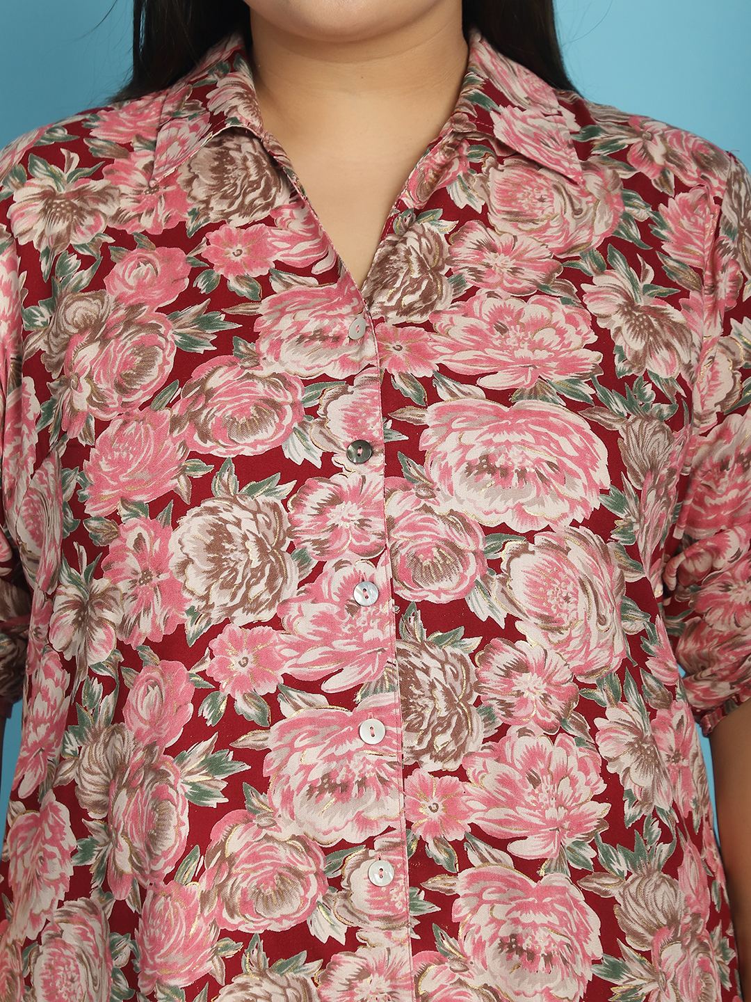 Women's Plus Size Maroon Rose floral printed casual shirt