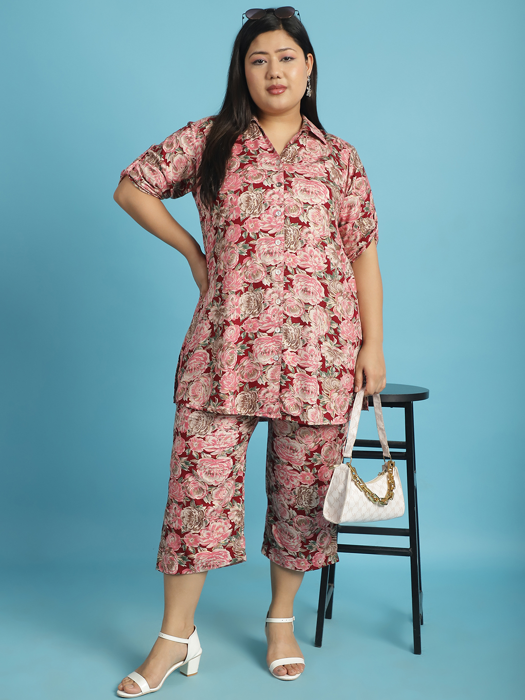 Women's Plus Size Maroon Rose floral printed casual shirt