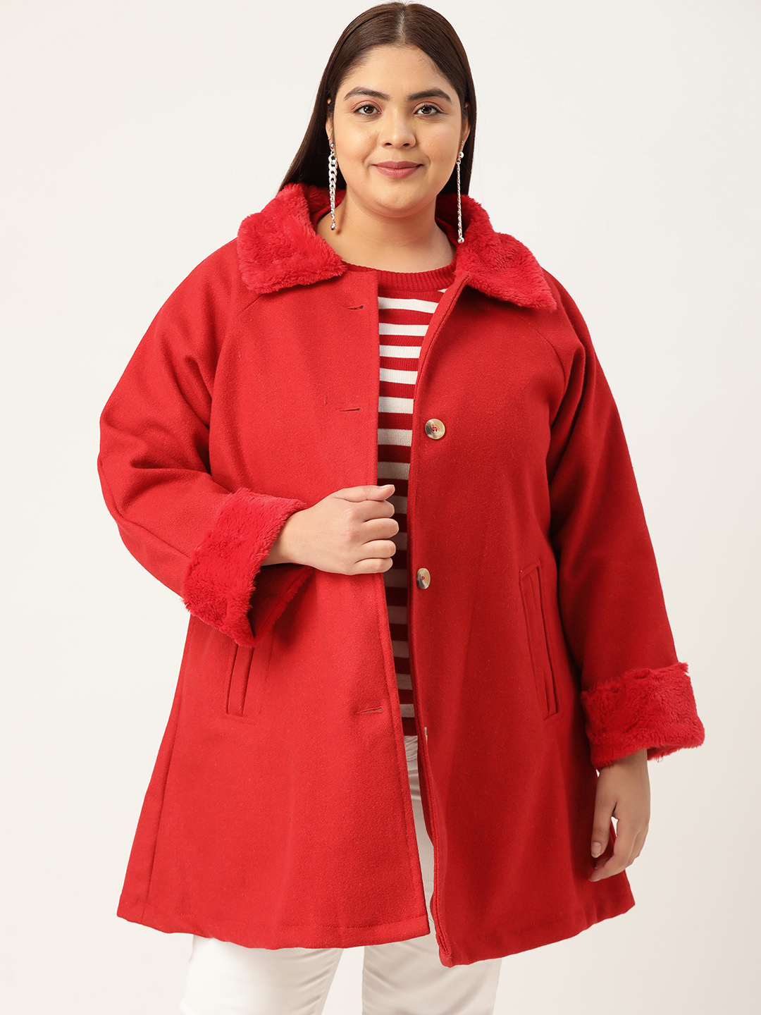 Women's Plus Size Red Longline Faux Fur Jacket