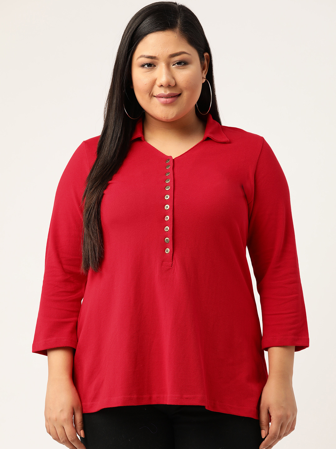 Women s Plus Size Red Solid Color Polo Collar Cotton T shirt theRebelinme.in