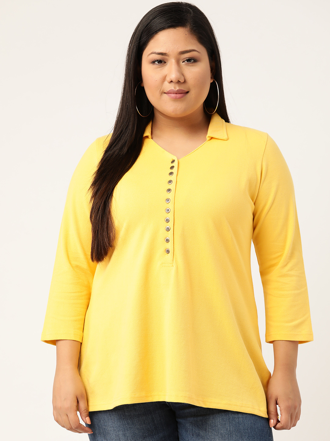 Women's Plus Size Yellow Solid Color Polo Collar Cotton T-shirt