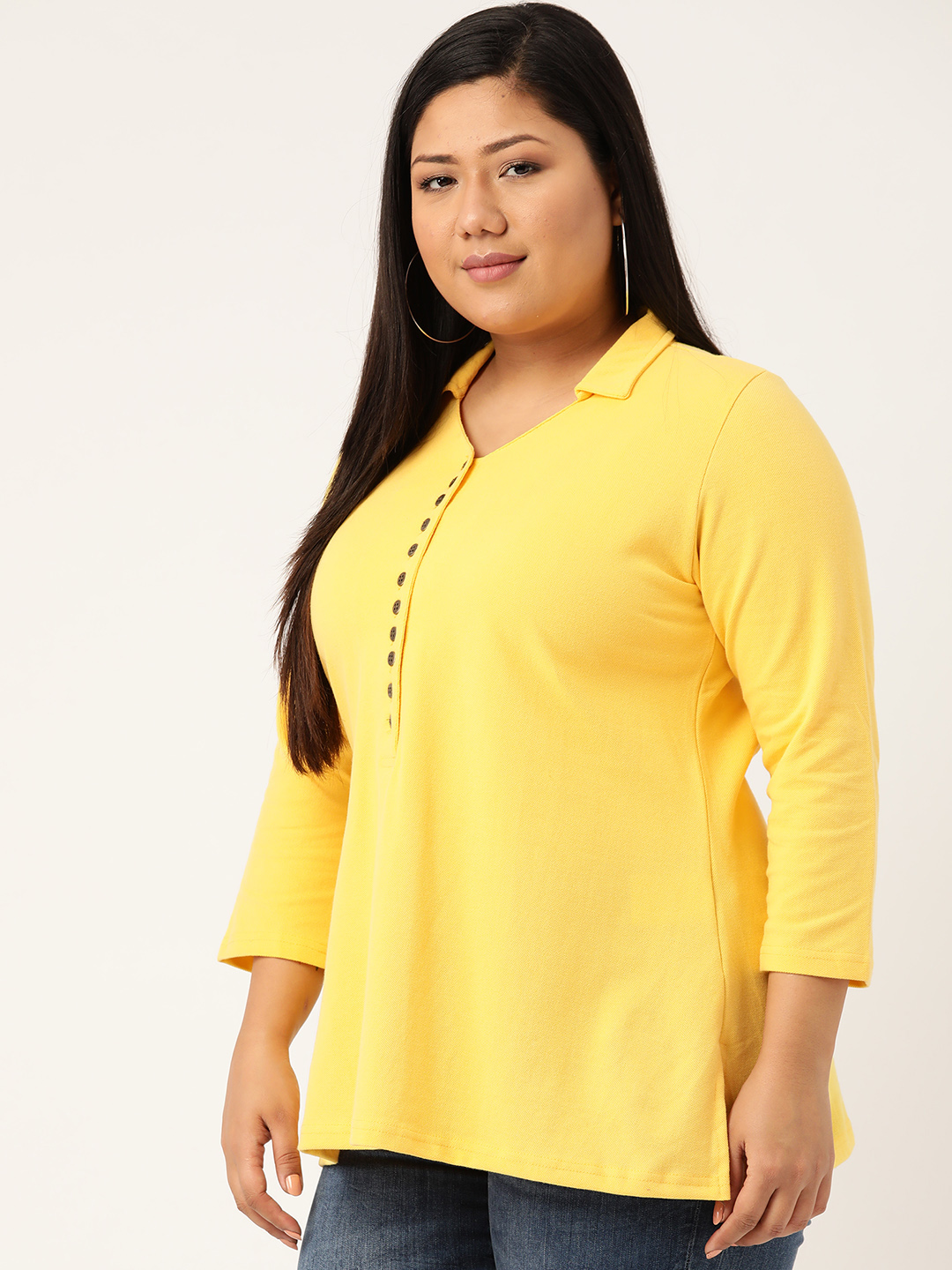 Women's Plus Size Yellow Solid Color Polo Collar Cotton T-shirt