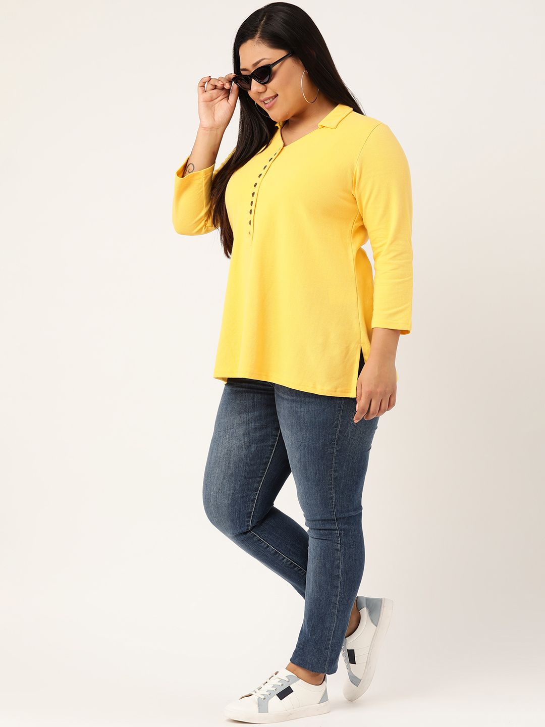 Women's Plus Size Yellow Solid Color Polo Collar Cotton T-shirt