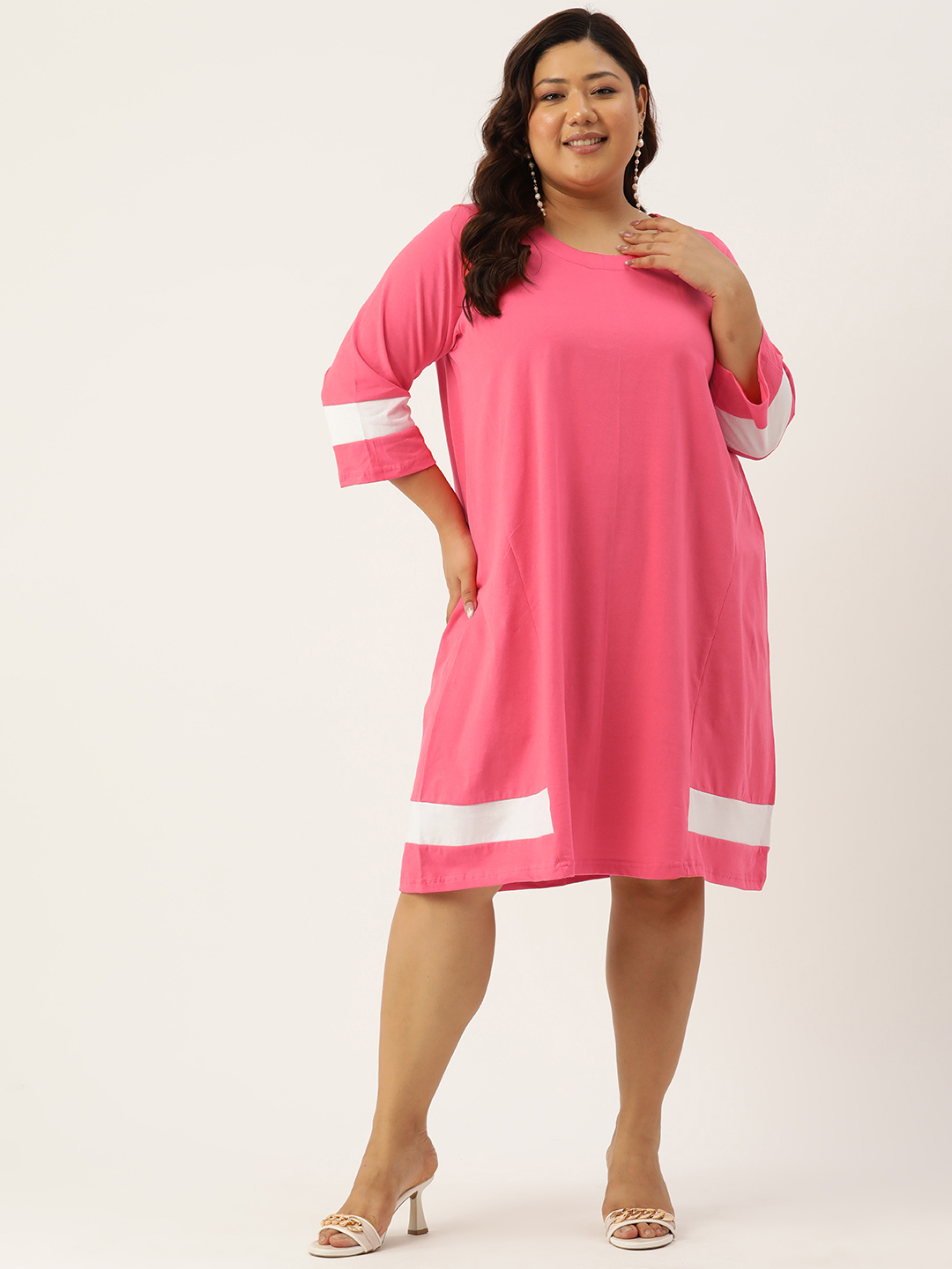 Women's Plus Size Fuchsia & White Colour Blocked Midi Dress