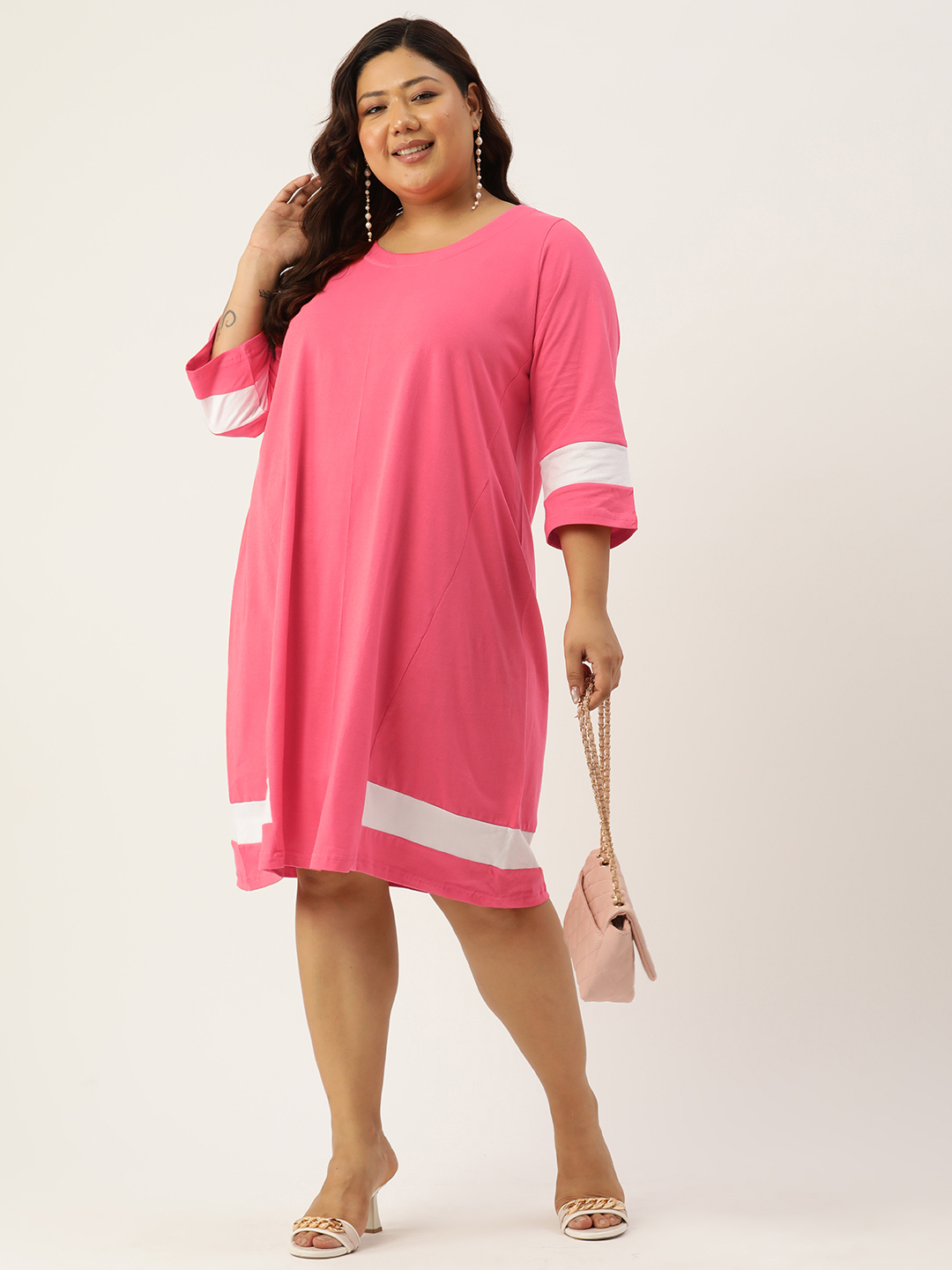 Women's Plus Size Fuchsia & White Colour Blocked Midi Dress