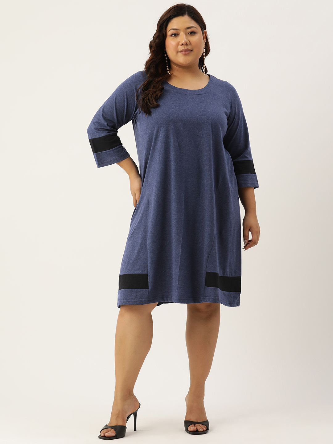 Women's Plus Size Melange & Black Colour Blocked Midi Dress