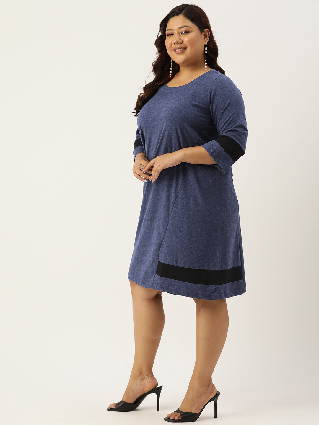 Women's Plus Size Melange & Black Colour Blocked Midi Dress