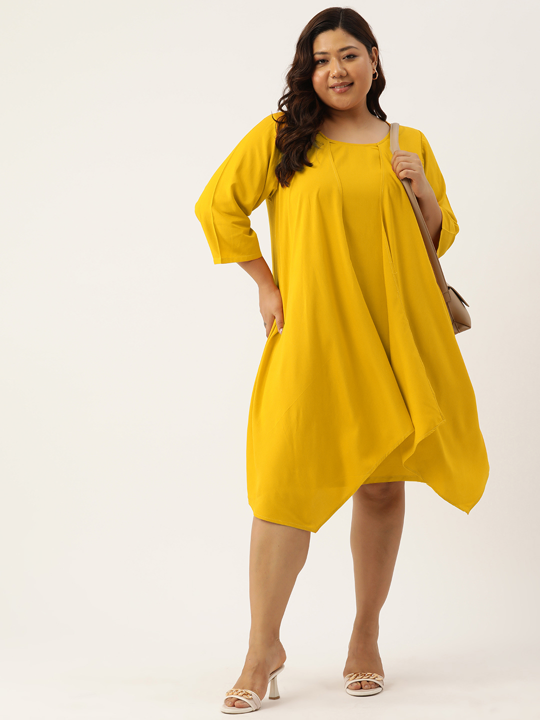 Women's Plus Size Mustard Solid Color Layered A-Line Dress