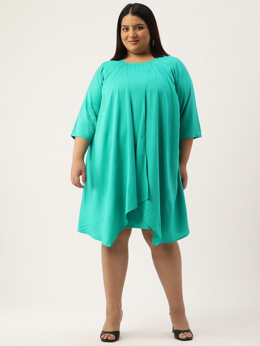Women's Plus Size Teal Solid Color Layered A-Line Dress