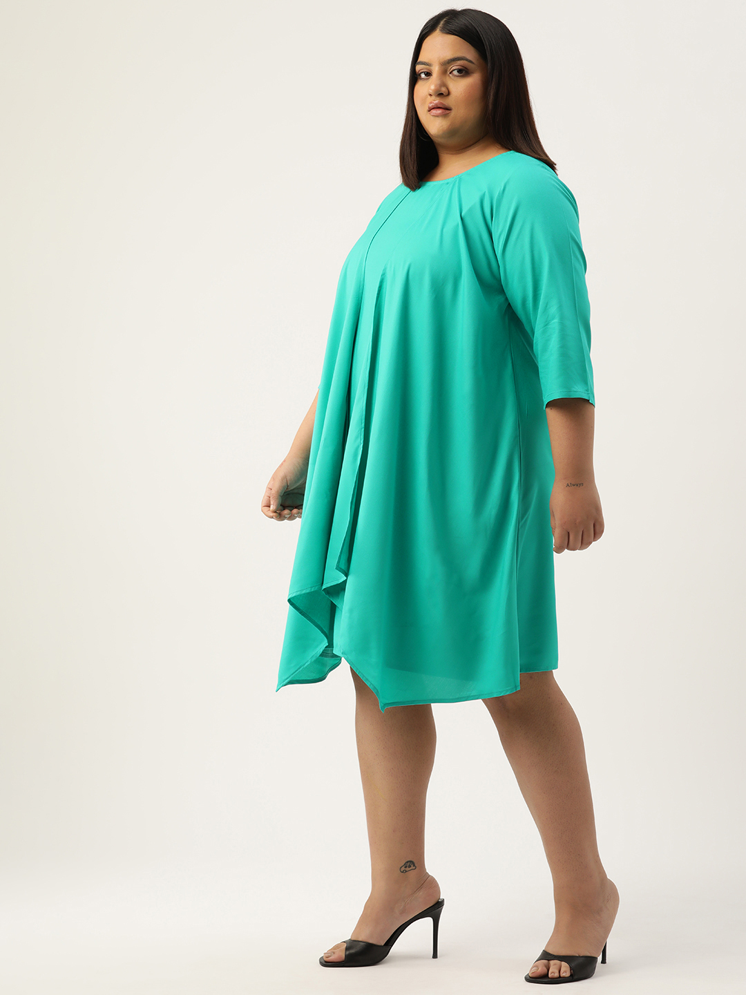 Women's Plus Size Teal Solid Color Layered A-Line Dress