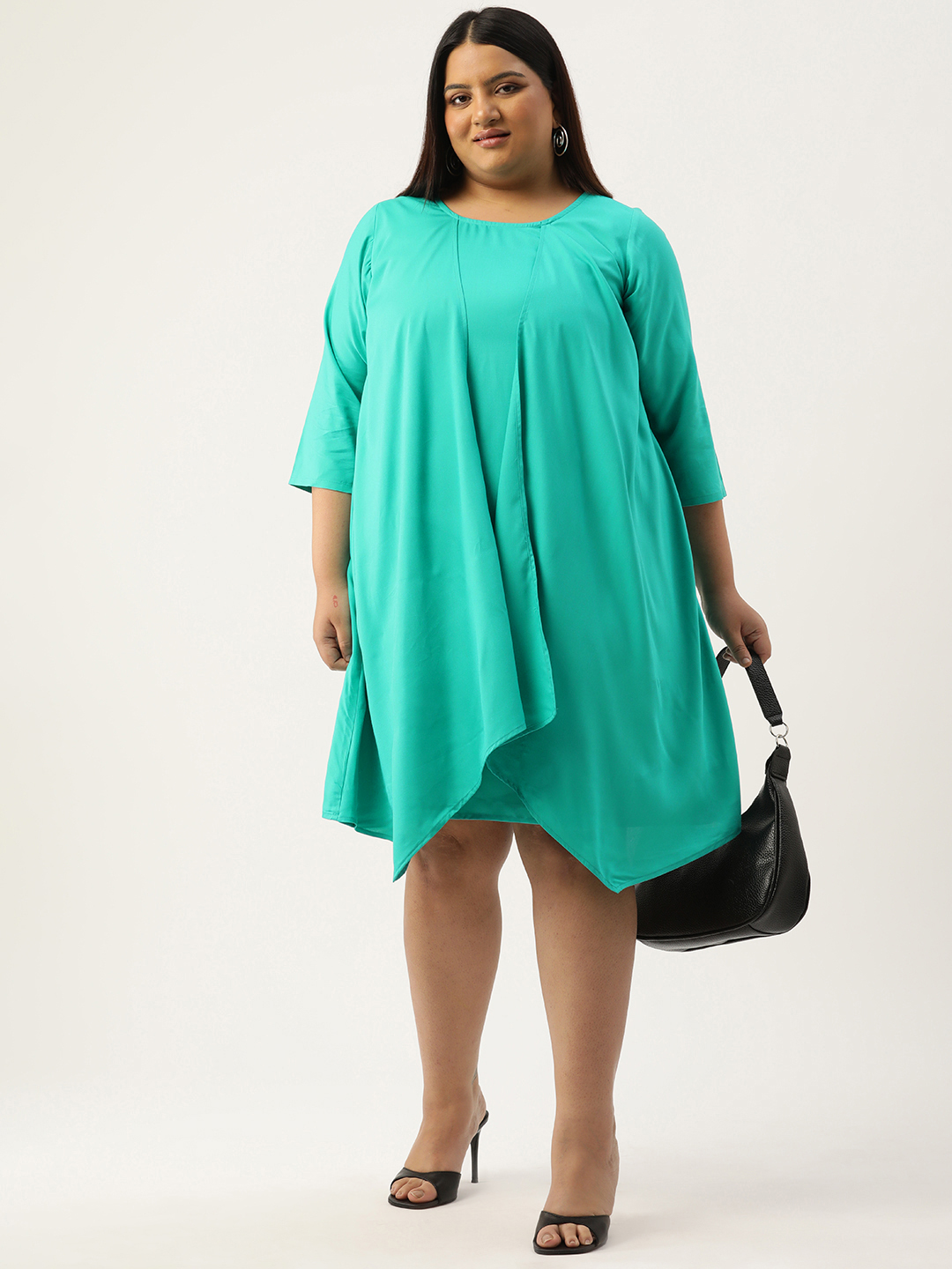 Women's Plus Size Teal Solid Color Layered A-Line Dress