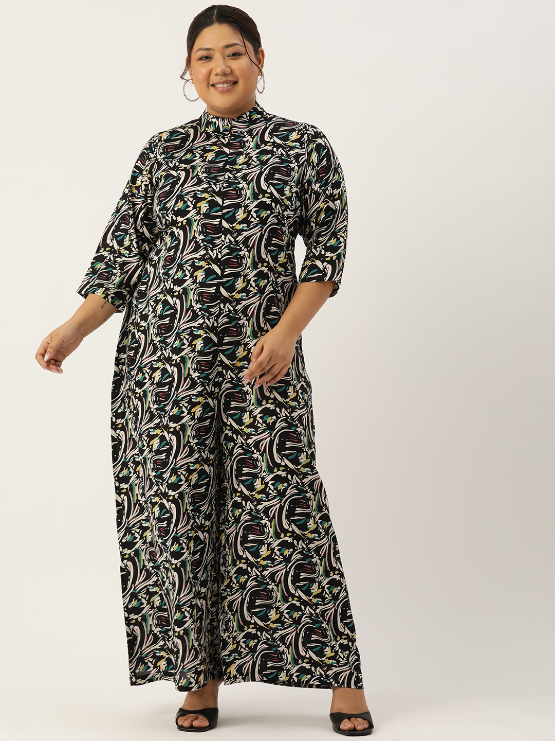 Women's Plus Size Black Abstract Printed Basic Jumpsuit