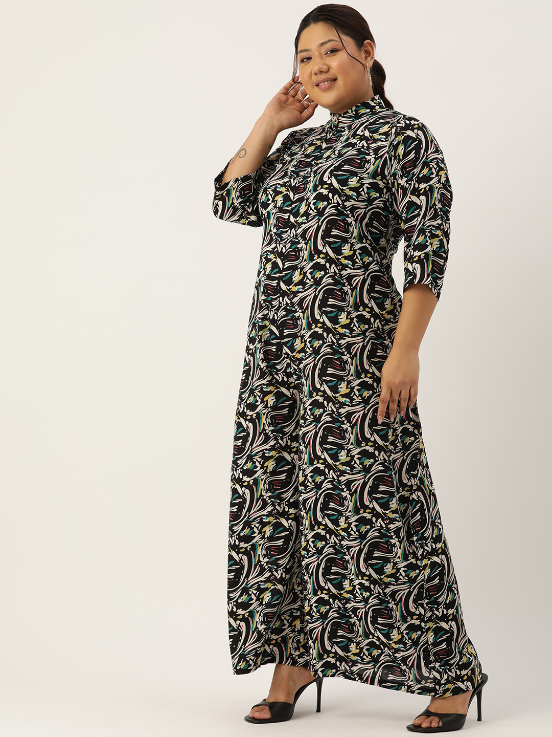 Women's Plus Size Black Abstract Printed Basic Jumpsuit