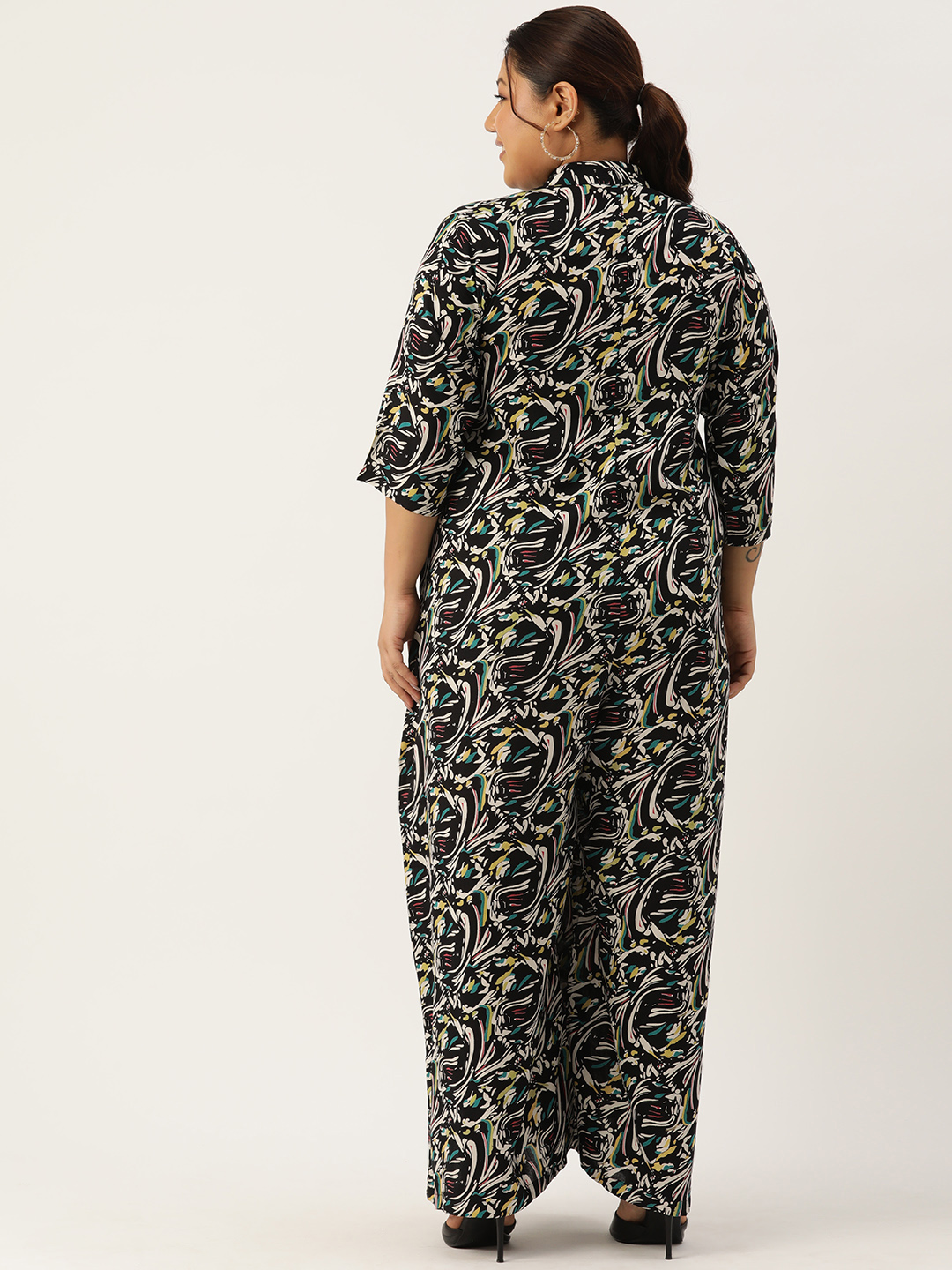 Women's Plus Size Black Abstract Printed Basic Jumpsuit