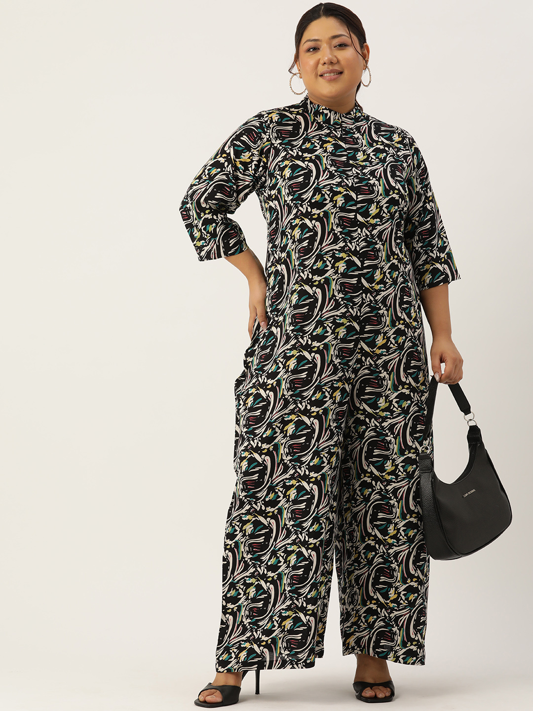 Women's Plus Size Black Abstract Printed Basic Jumpsuit